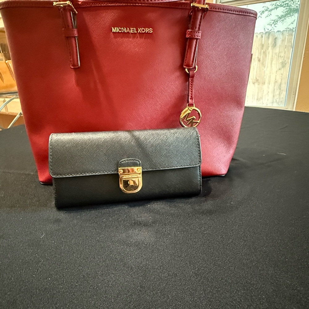 Michael Kors Red Tote Bag with Black Wallet